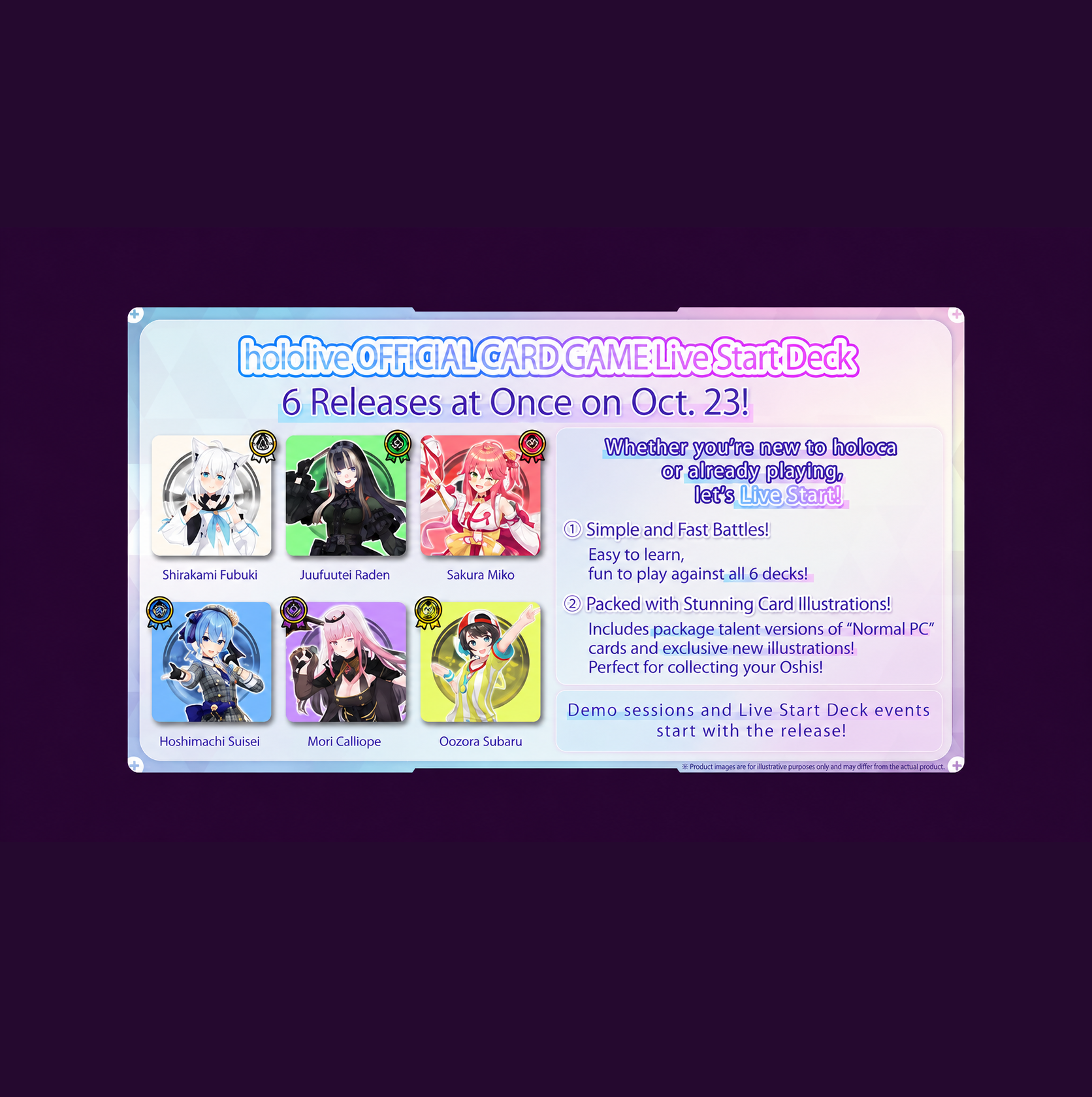 A promotional graphic card for the 'hololive OFFICIAL GARD GAME Live Start Deck' featuring character illustrations of Shinkai Riku, Aizawa Ekoli, Sakura Misato, Homura Sakai, Mini Cackle, and Ojima Sakura, with release details on a purple background.