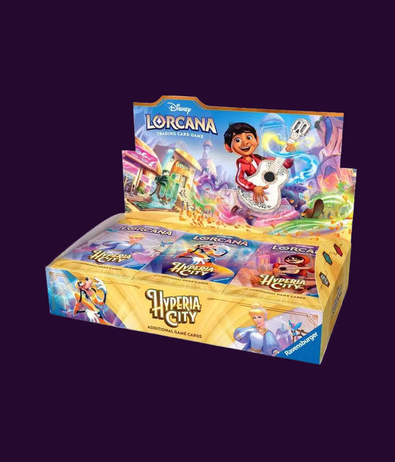 Disney Lorcana Hyperia City card box display with illustrated character artwork and multiple booster packs visible inside, photographed on a clean white background.