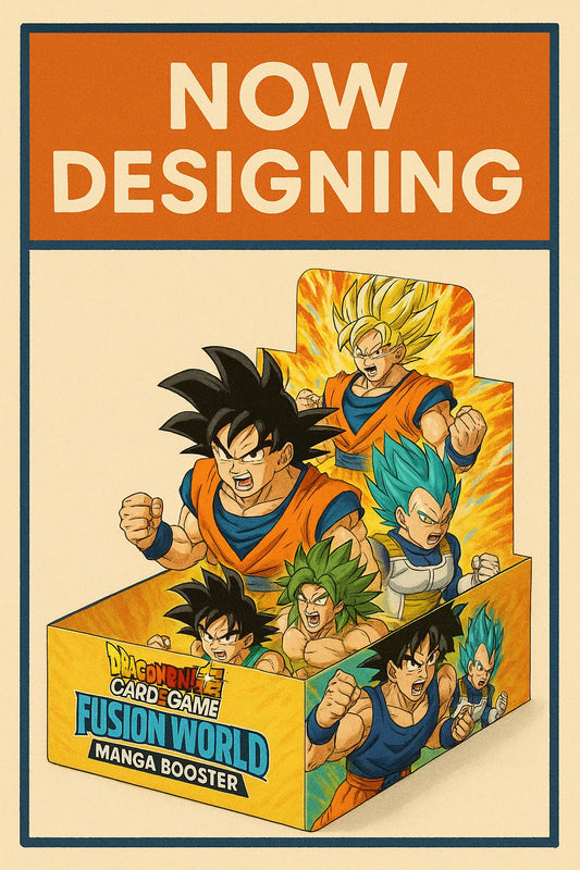 Promotional poster for Dragon Ball Card Game Fusion World Manga Booster with characters and 'Now Designing' text.