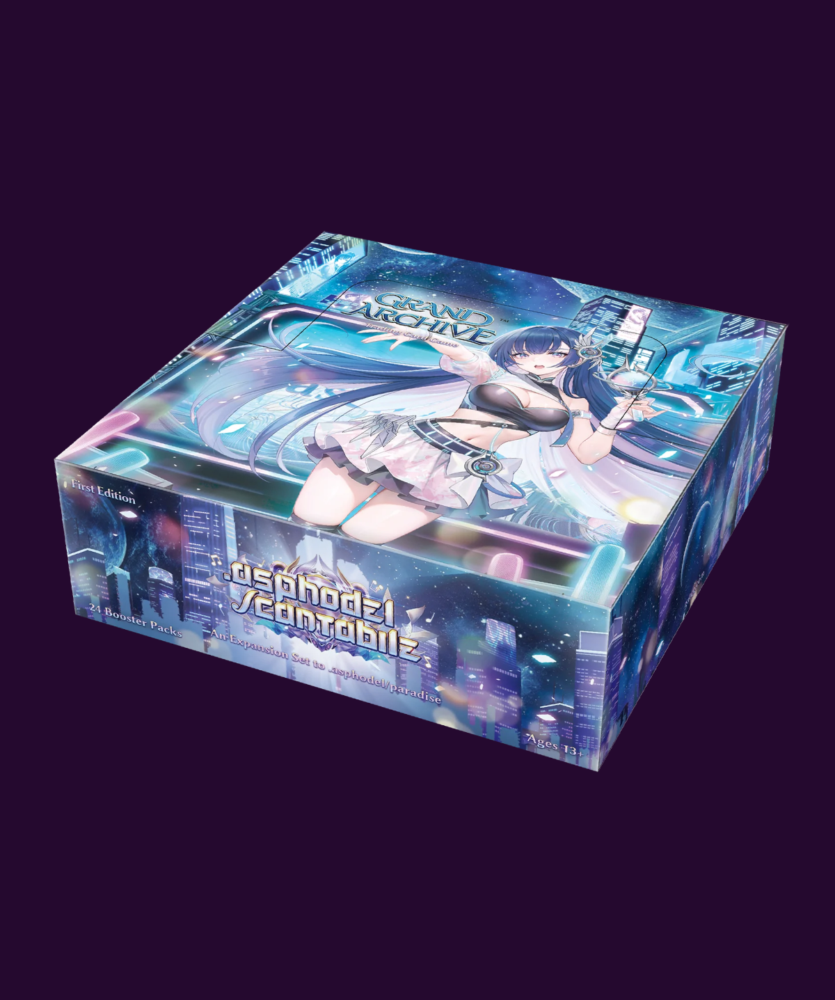 A rectangular product box with glossy printed anime-style artwork, shown at an angle on a solid dark purple background. The box features a blue-toned futuristic city scene with a female anime character and the text 'Grand Archive' and 'Rephodl Contabi'.
