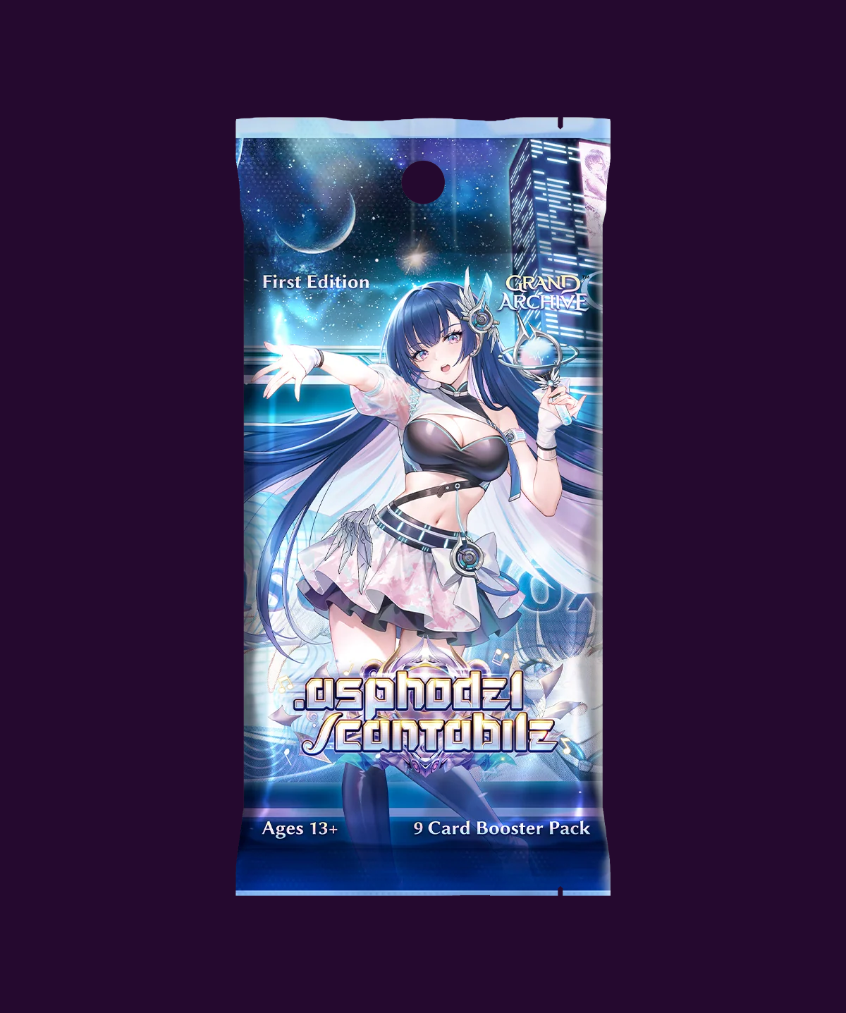 A vertically oriented trading card booster pack featuring anime artwork of a blue-haired female character in a futuristic outfit, with the text 'First Edition', 'Crazy for Collectible', and 'Ages 13+' on a dark purple background.