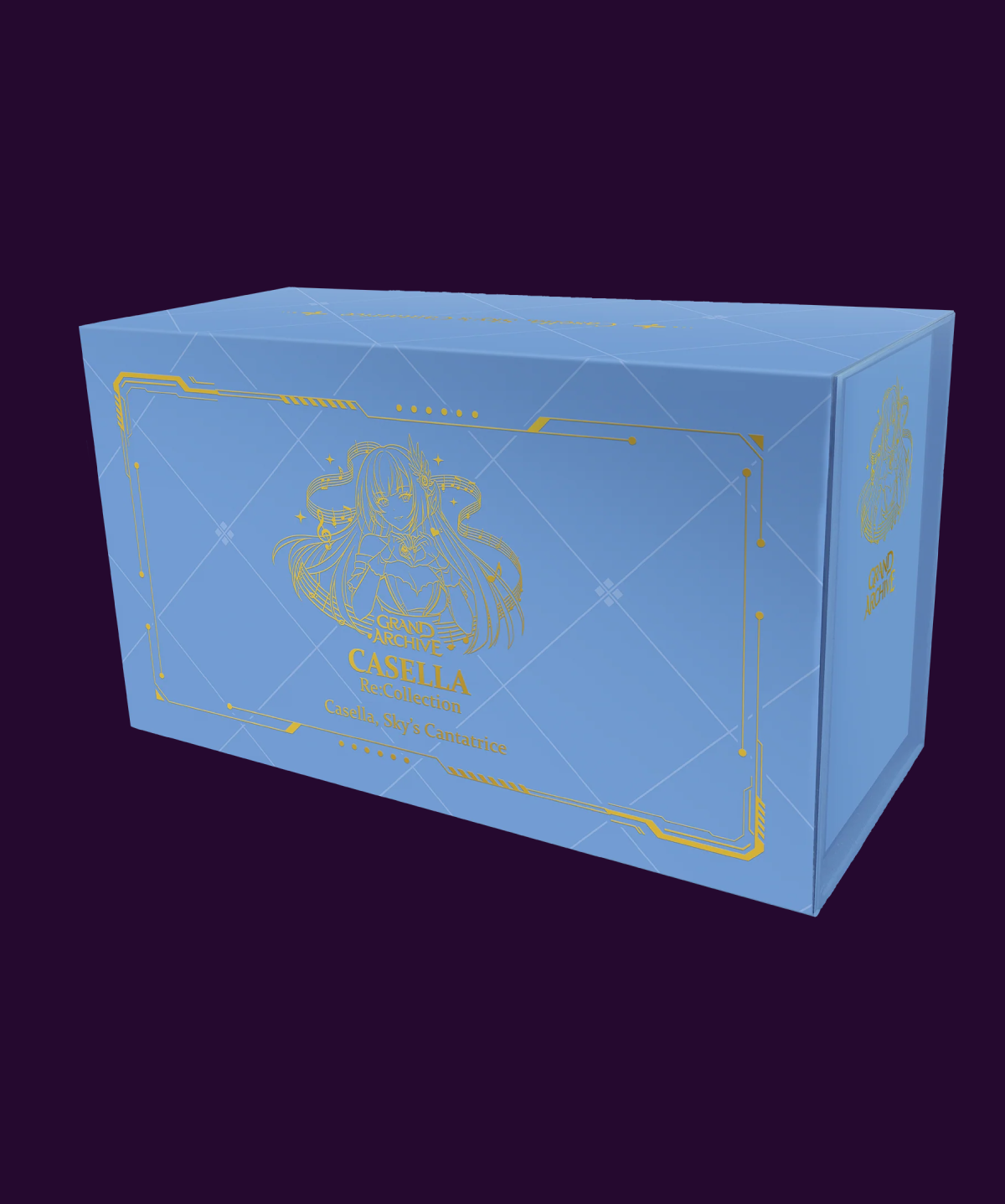A light blue rectangular product box with gold decorative border lines and the word 'Casella' printed on the front, shown on a dark purple background.