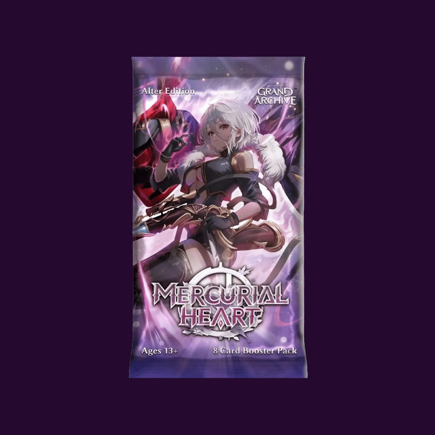 A Grand Archive After-Edition Mercurial Heart 3 Card Booster Pack from the Grand Archive Card Game, featuring anime character artwork on a purple and pink background.
