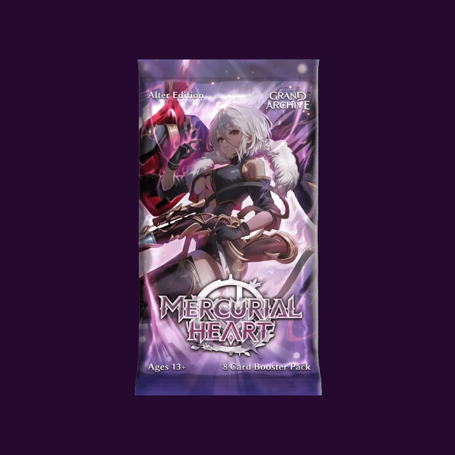 A Grand Archive After-Edition Mercurial Heart 3 Card Booster Pack from the Grand Archive Card Game, featuring anime character artwork on a purple and pink background.