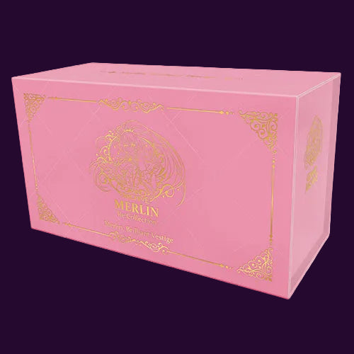 Pink box with gold accents featuring the Merlin brand on a white background