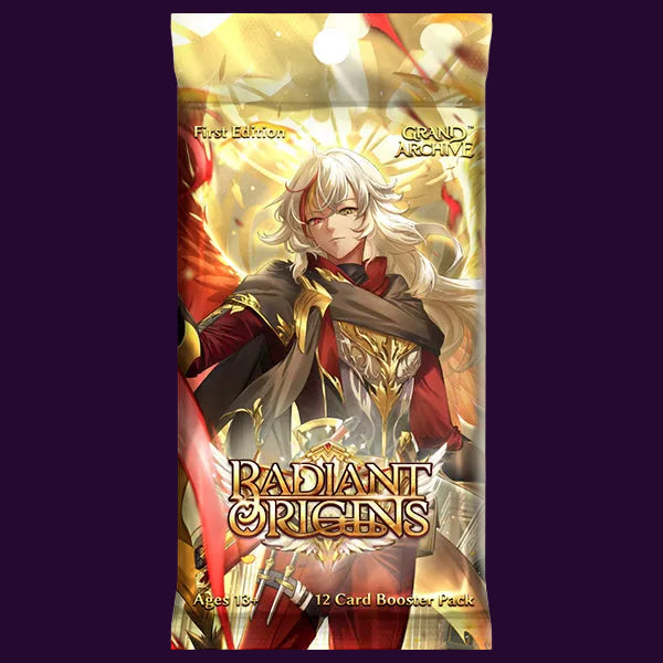 Card booster pack with character artwork and 'Radiant Origins' branding on a white background