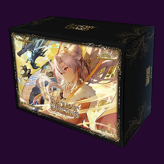 Fantasy character on a game box titled 'Radiant Origins' with intricate design elements.