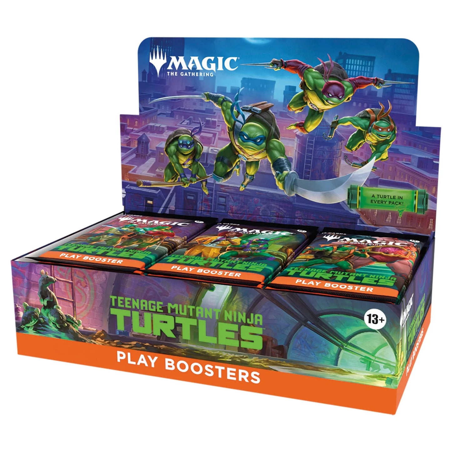 Display box of 'Magic: The Gathering' Teenage Mutant Ninja Turtles play boosters with turtles on a cityscape background.