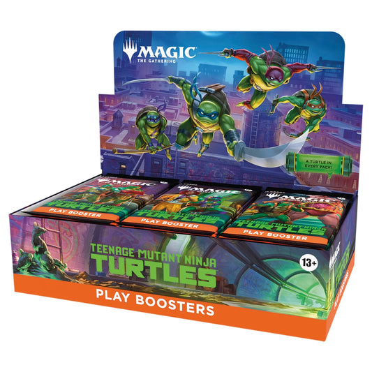 Display box of 'Magic: The Gathering' Teenage Mutant Ninja Turtles play boosters with turtles on a cityscape background.