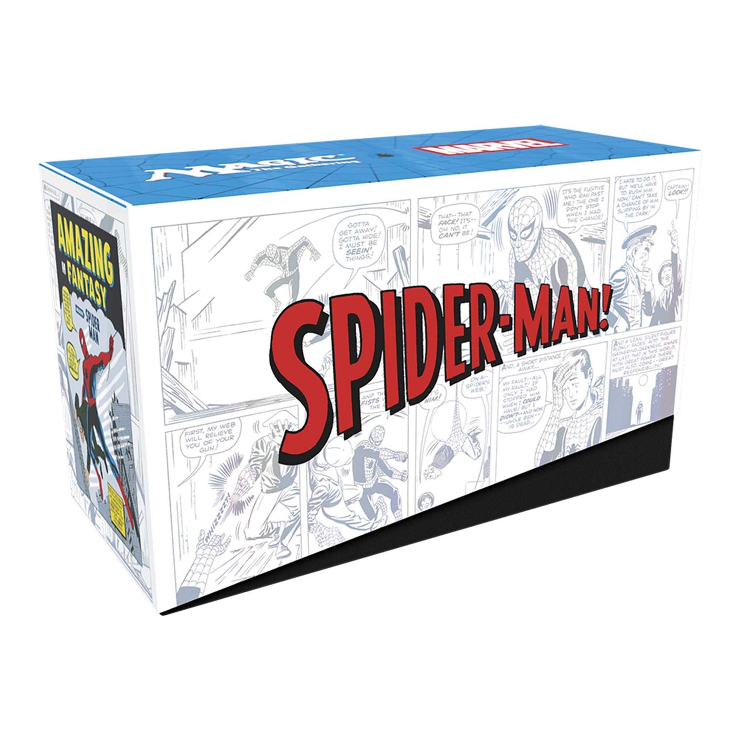 Spider-Man comic book box with superhero illustrations and 'Amazing Fantasy' title