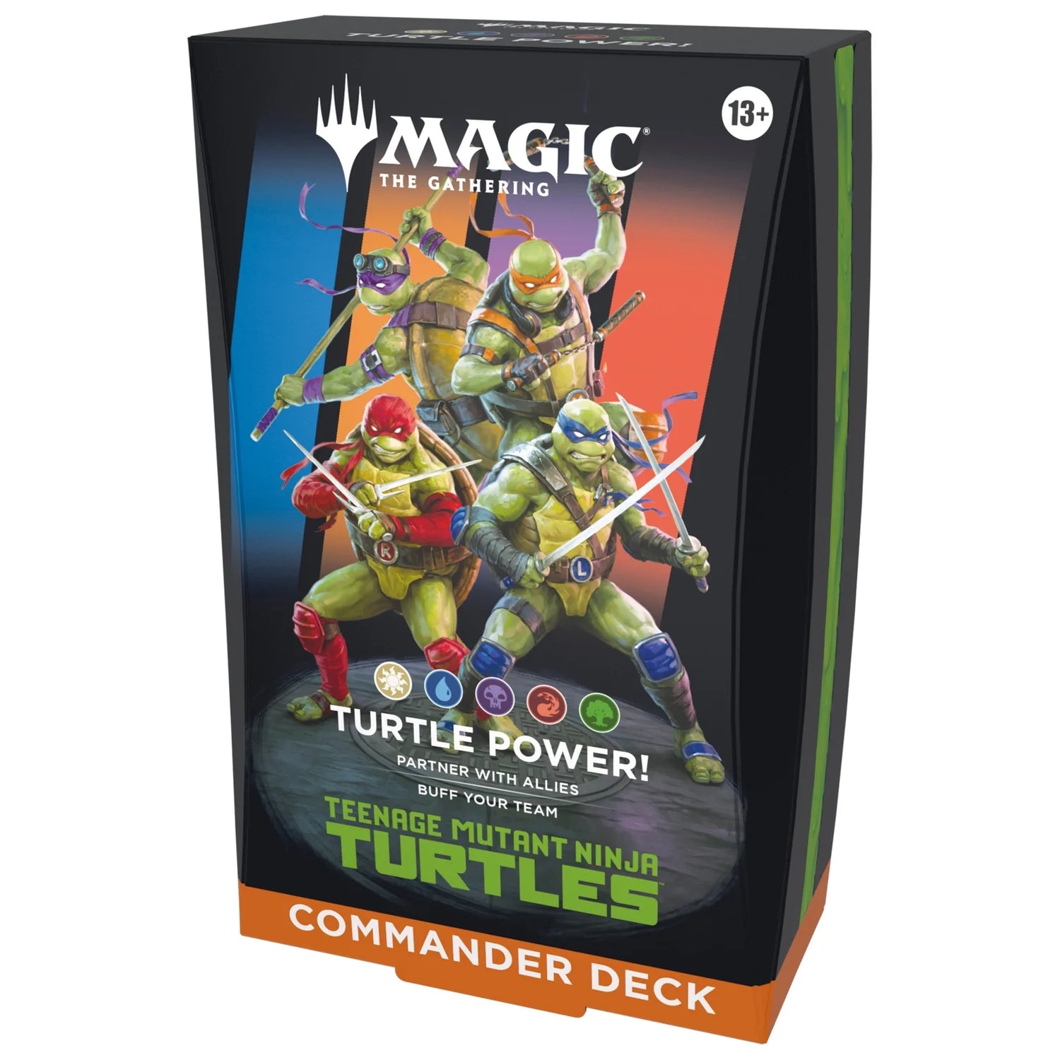 Trading card game deck packaging featuring Teenage Mutant Ninja Turtles with Magic: The Gathering branding.