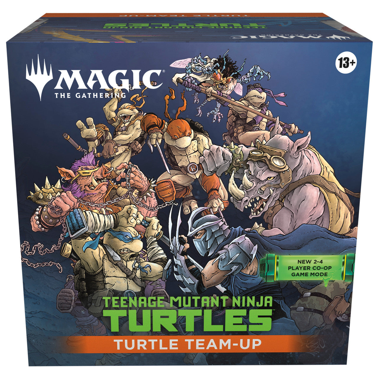 Board game box featuring 'Magic: The Gathering' and 'Teenage Mutant Ninja Turtles' with colorful characters on a blue background.