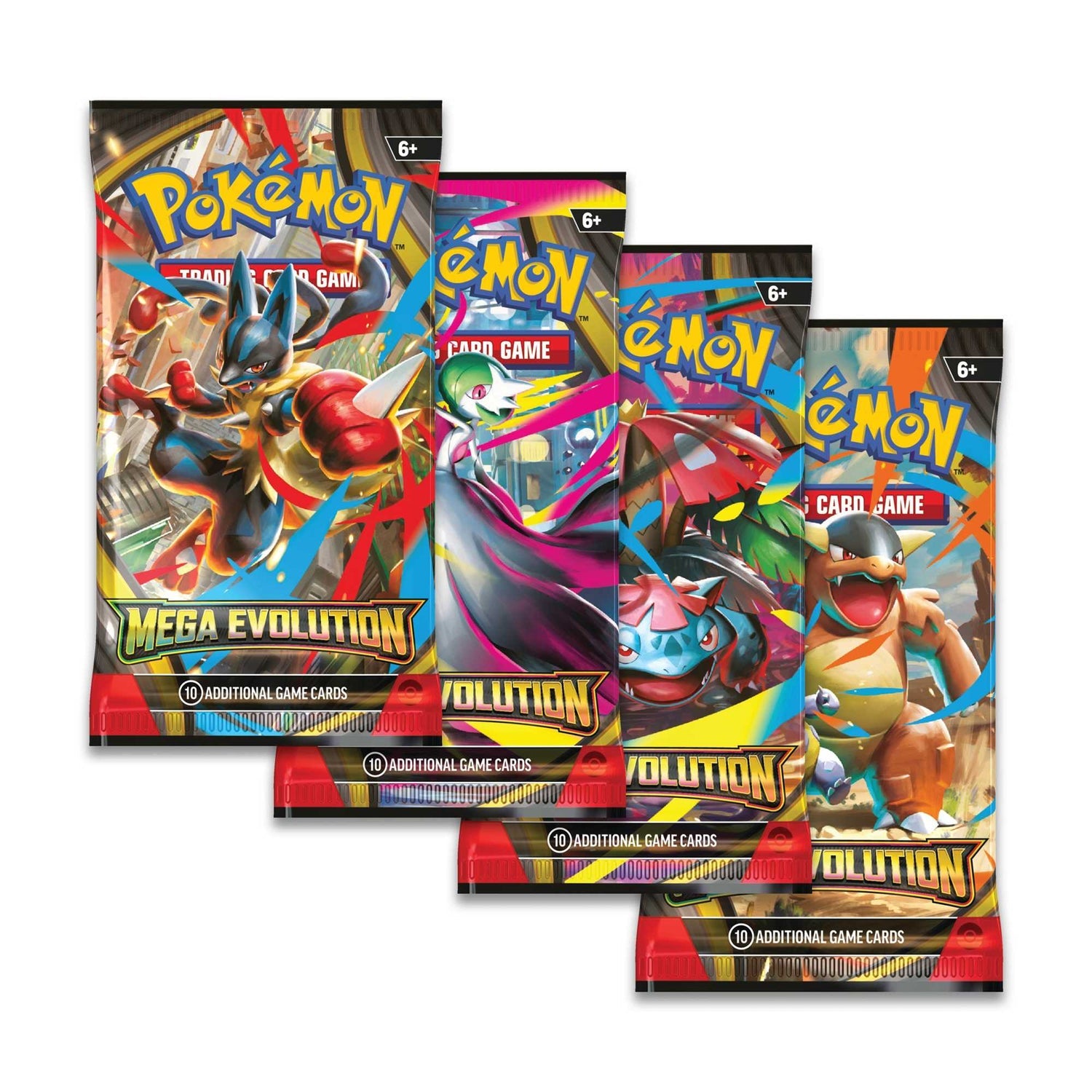 Four Pokemon trading card game packs with various characters on a white background