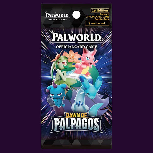 Palworld Official Card Game 1st Edition Dawn of Palpagos booster pack, featuring colorful Paldean Fates artwork on a dark blue and black background.