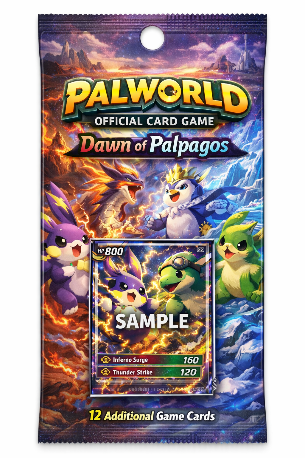 Palworld card game pack with characters and sample card displayed