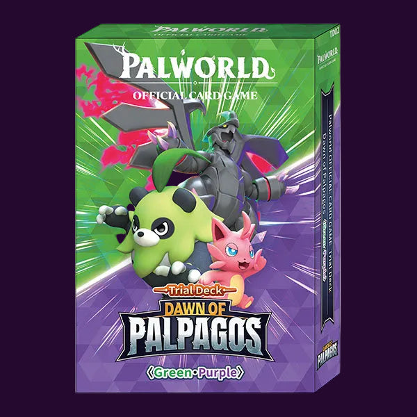 A boxed card game product titled Palworld: Official Card Game, Trial Deck: Dawn of Palpagos, with green and purple artwork and illustrated characters on the front and spine.