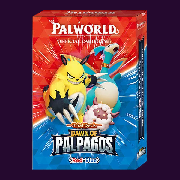 Palworld Official Card Game Trial Deck: Dawn of Palpagos (Red-Blue) card game box featuring colorful character artwork on a red and blue background.