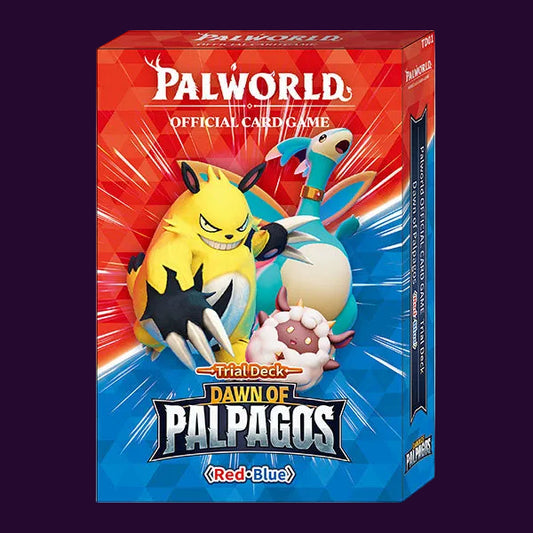 Palworld Official Card Game Trial Deck: Dawn of Palpagos (Red-Blue) card game box featuring colorful character artwork on a red and blue background.