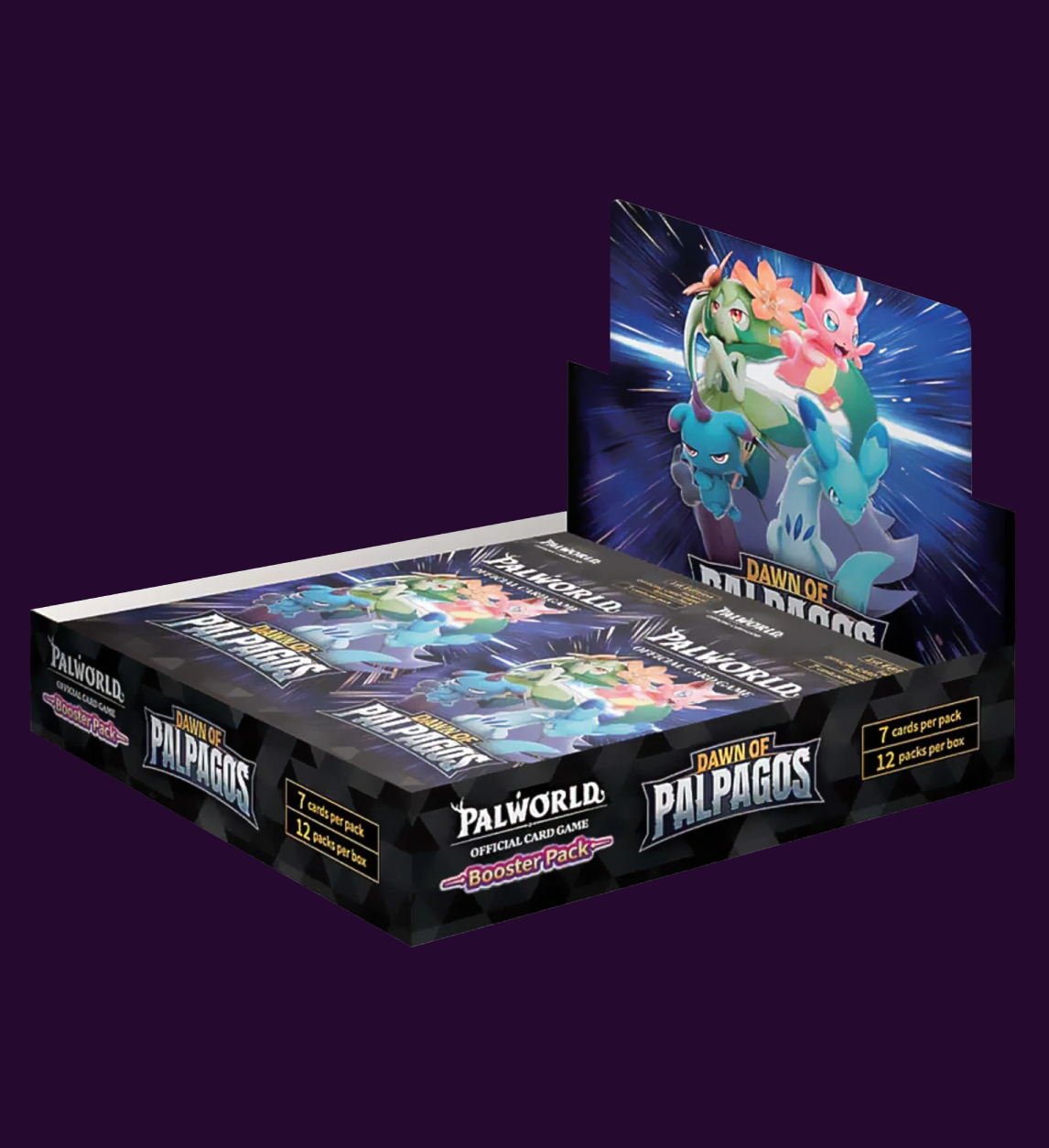 A Palworld booster pack display box filled with multiple individual booster packs, shown against a solid dark purple background. The packaging features colorful artwork of Paldean Fates Migi, Thandi, and Tera.