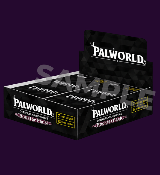 A display box of PALWORLD Official Card Game Booster Packs on a dark purple background, featuring a large translucent 'SAMPLE' watermark across the center.