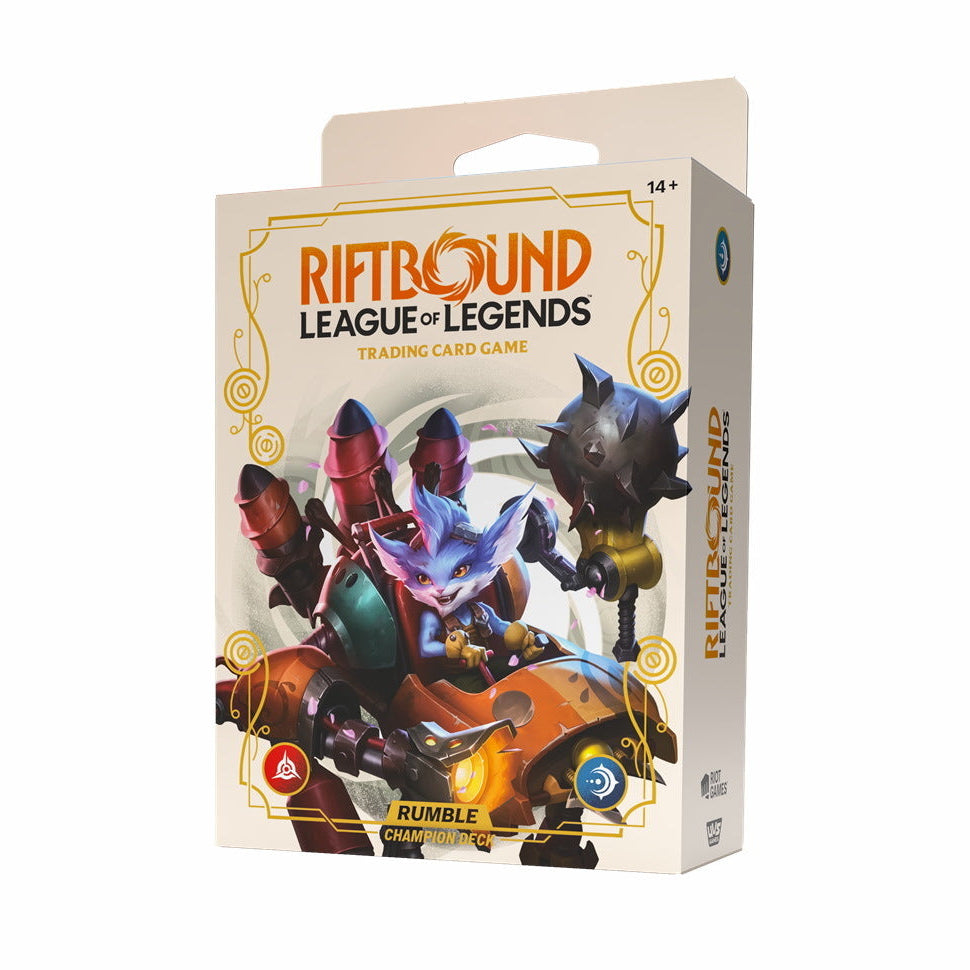 Riftbound League of Legends trading card game packaging with characters on a white background