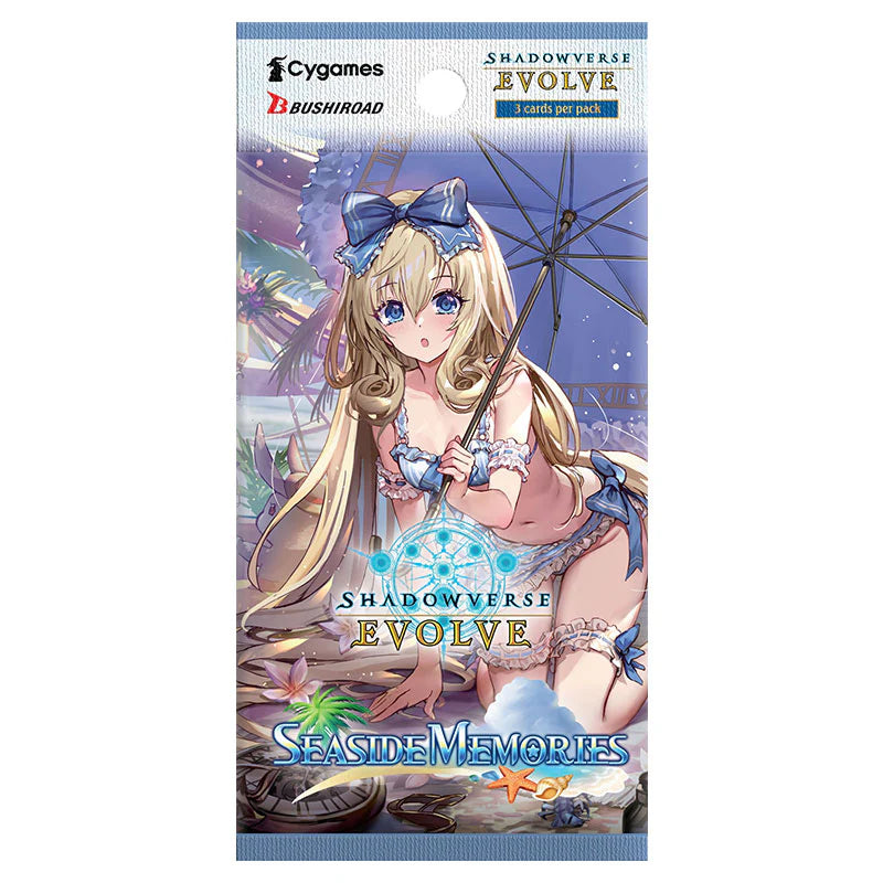 Card packaging for 'Shadowverse Evolve' with an anime-style character on a beach theme.
