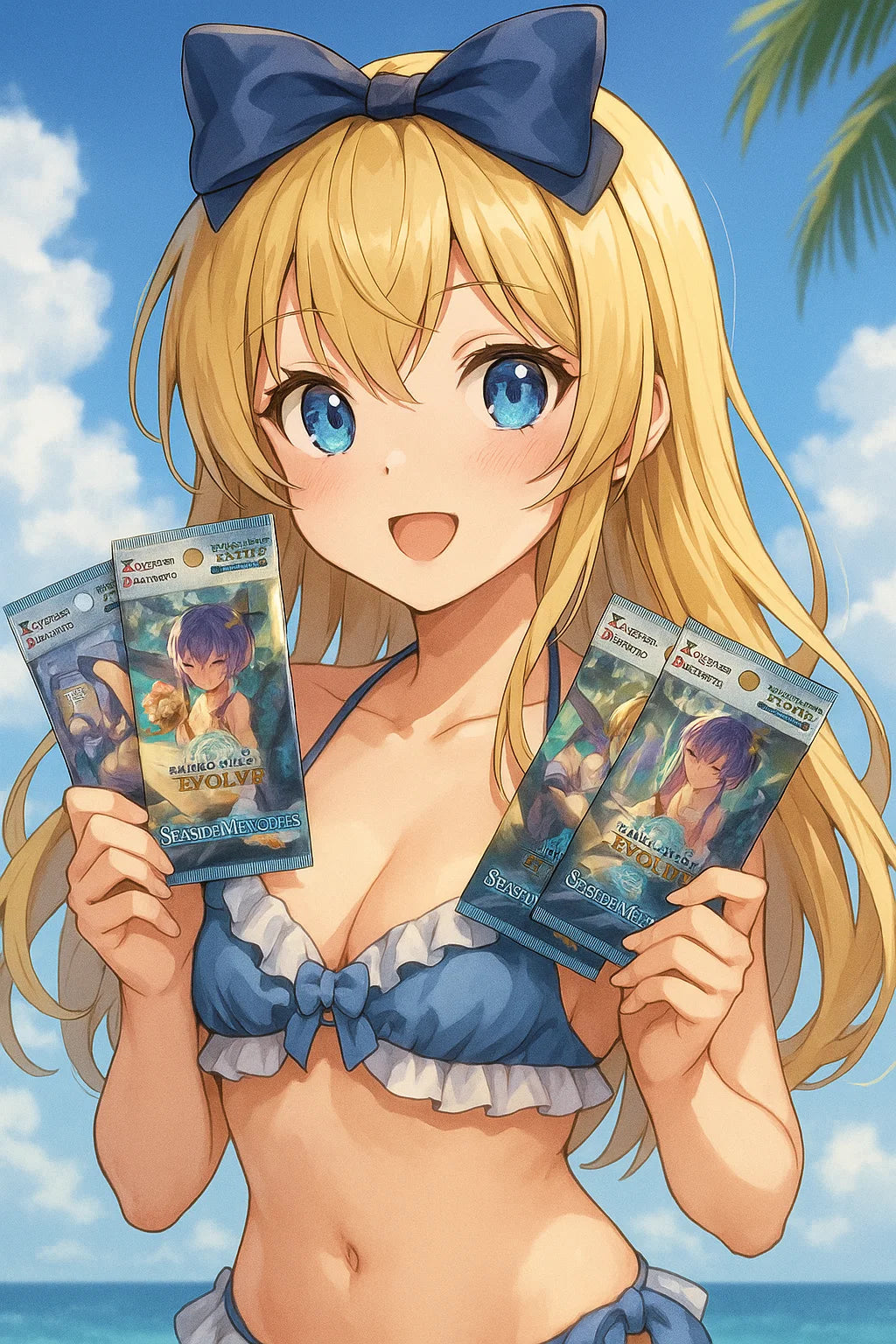 Anime character in a blue bikini holding trading card games with a beach background
