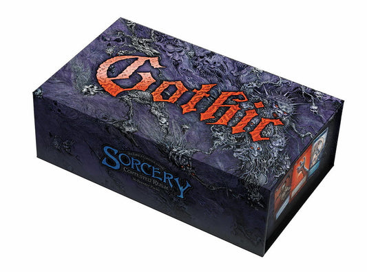 Gothic Sorcery card game box with dark purple and orange text on a white background