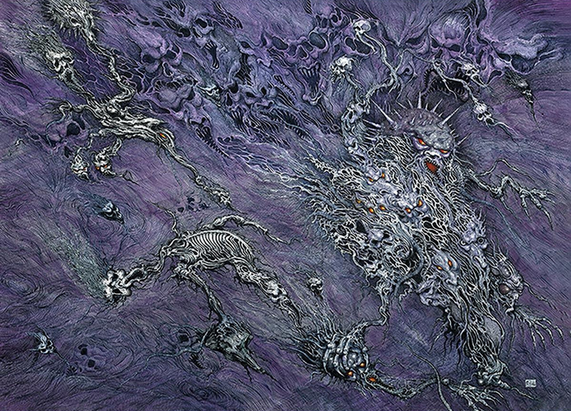 Glowing creature with skeletal remains on a purple background