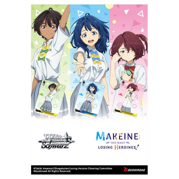 Three anime-style character cards with colorful backgrounds and branding at the bottom.