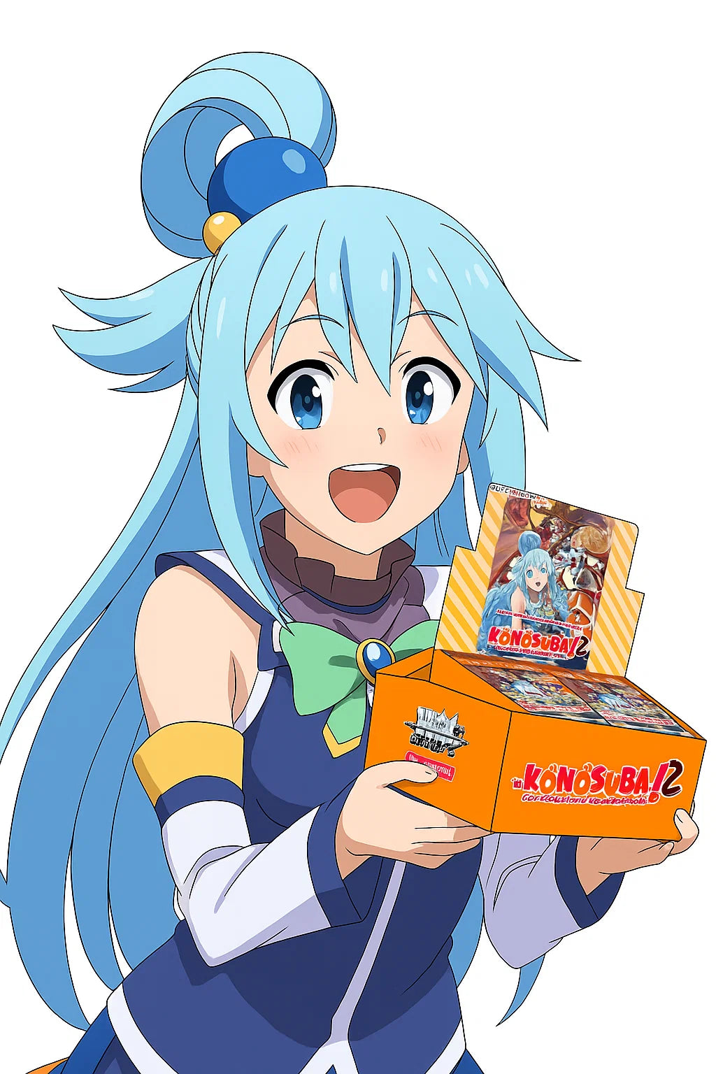 Anime character with blue hair holding a product box