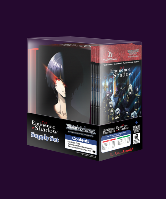 Official Weiss Schwarz The Eminence in Shadow Supply Set in original retail packaging with trading card game accessories.