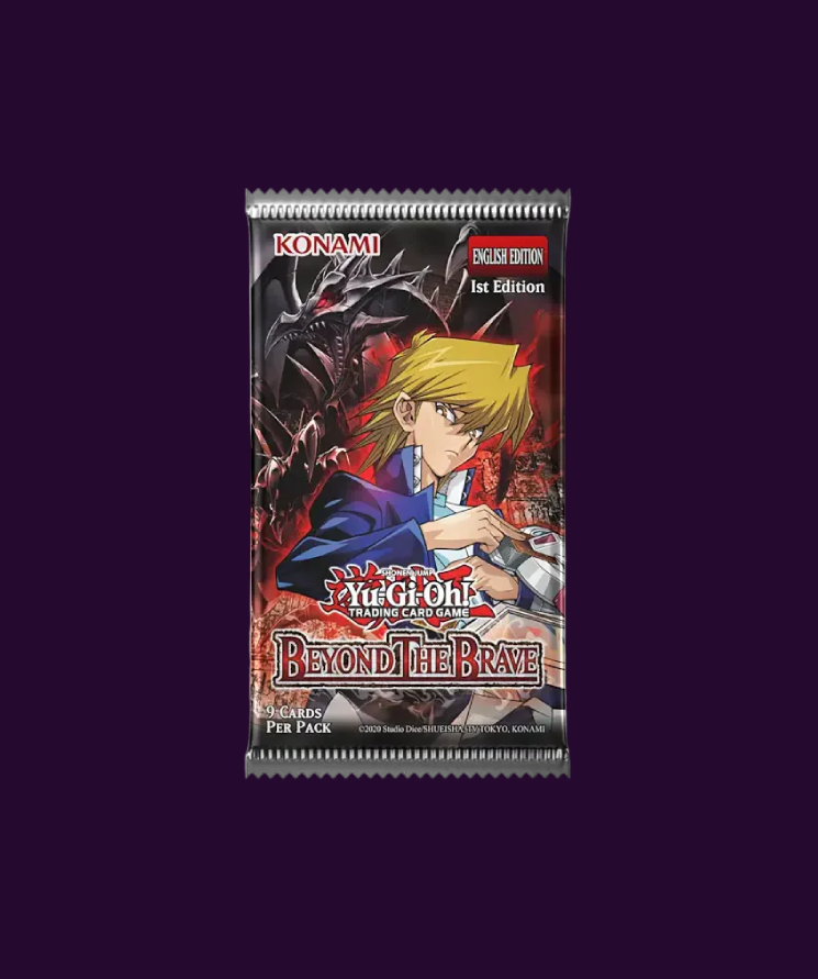A sealed Yu-Gi-Oh! TCG booster pack for the 1st Edition English Edition, featuring anime artwork of Yugi and a monster on a dark background, centered on a solid dark purple backdrop.