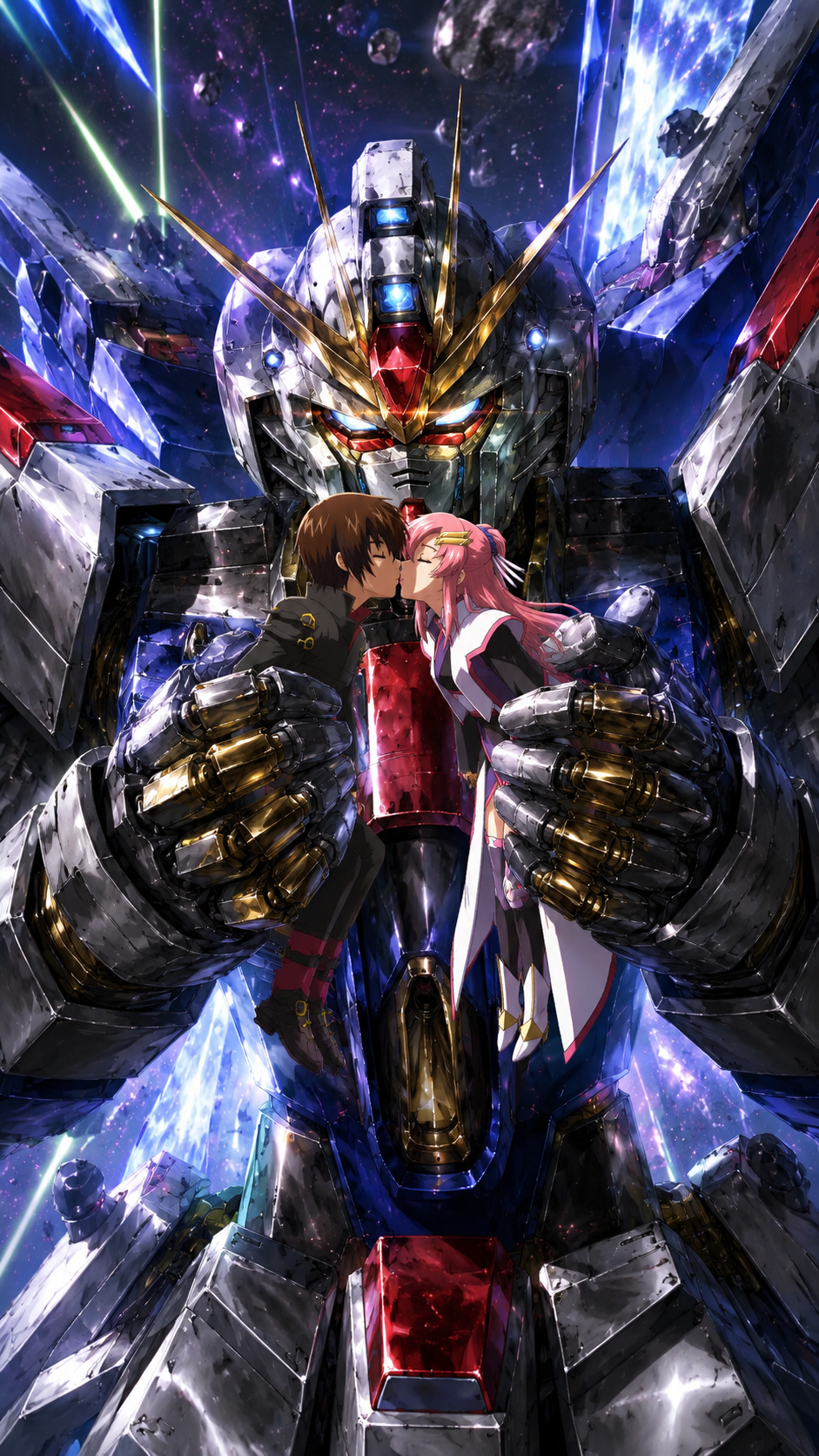 Anime-style artwork of a giant mecha robot holding two human characters, with a dramatic space and industrial background in blue, silver, black, red, and gold tones.