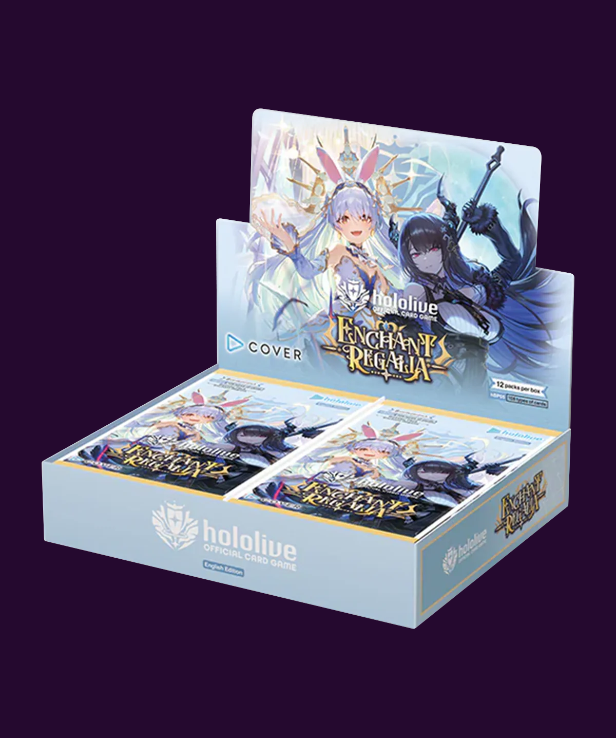 A Hololive Trading Card Game display box filled with individual booster packs, featuring artwork from the game 'Enchant Regalia' on the display back panel and front packaging, set against a solid dark purple background.