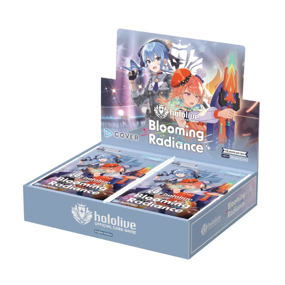 Hololive Blooming Radiance card game box with character illustrations on a white background