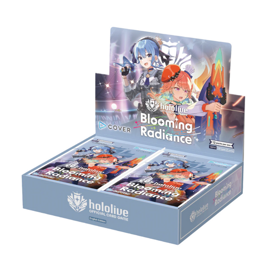Hololive Blooming Radiance card game box with character illustrations on a white background