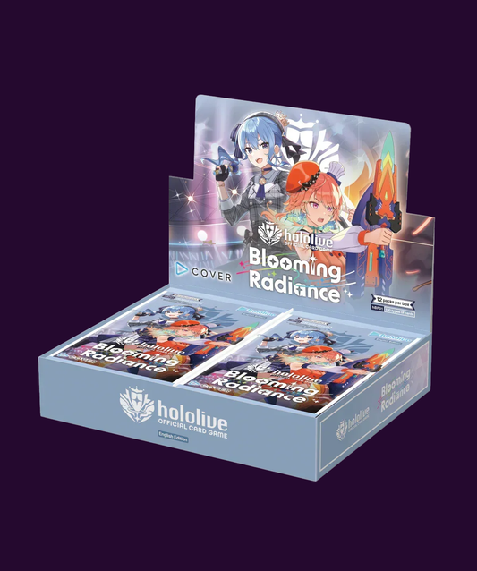 Sealed hololive OFFICIAL CARD GAME Blooming Radiance booster box containing 12 trading card booster packs in original retail packaging.