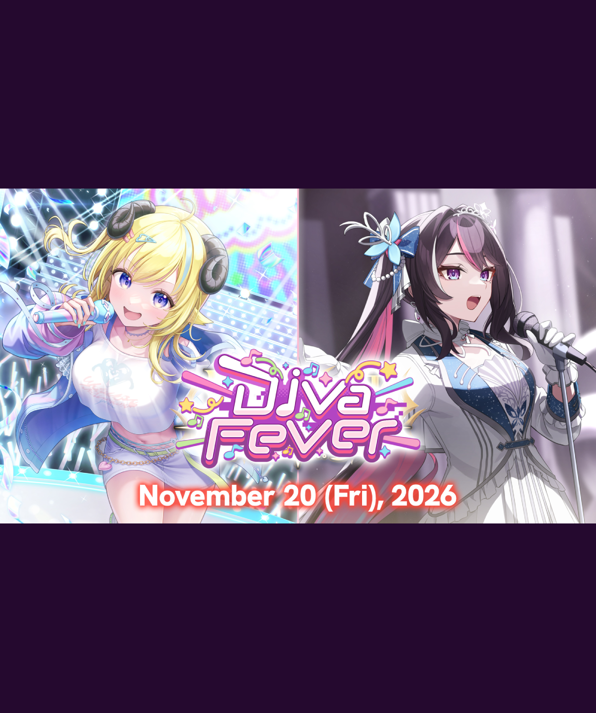 Promotional graphic for 'DINA Fever' featuring two anime-style virtual singers on a split background, with the text 'November 20 (Fri), 2026' at the bottom.