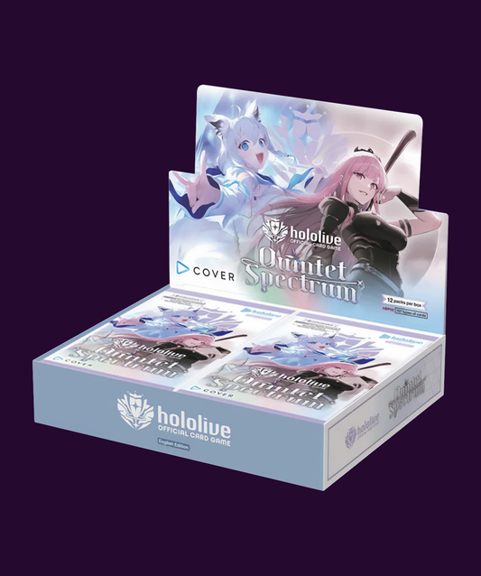 Sealed hololive OFFICIAL CARD GAME Quintet Spectrum Booster Box in original retail packaging containing 12 booster packs.